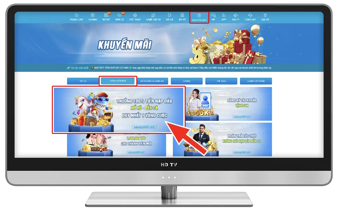 Bước 1: Tại "KHUYẾN MÃI" chọn " THƯỞNG 100% TIỀN NẠP ĐẦU NỔ HŨ- BẮN CÁ ".